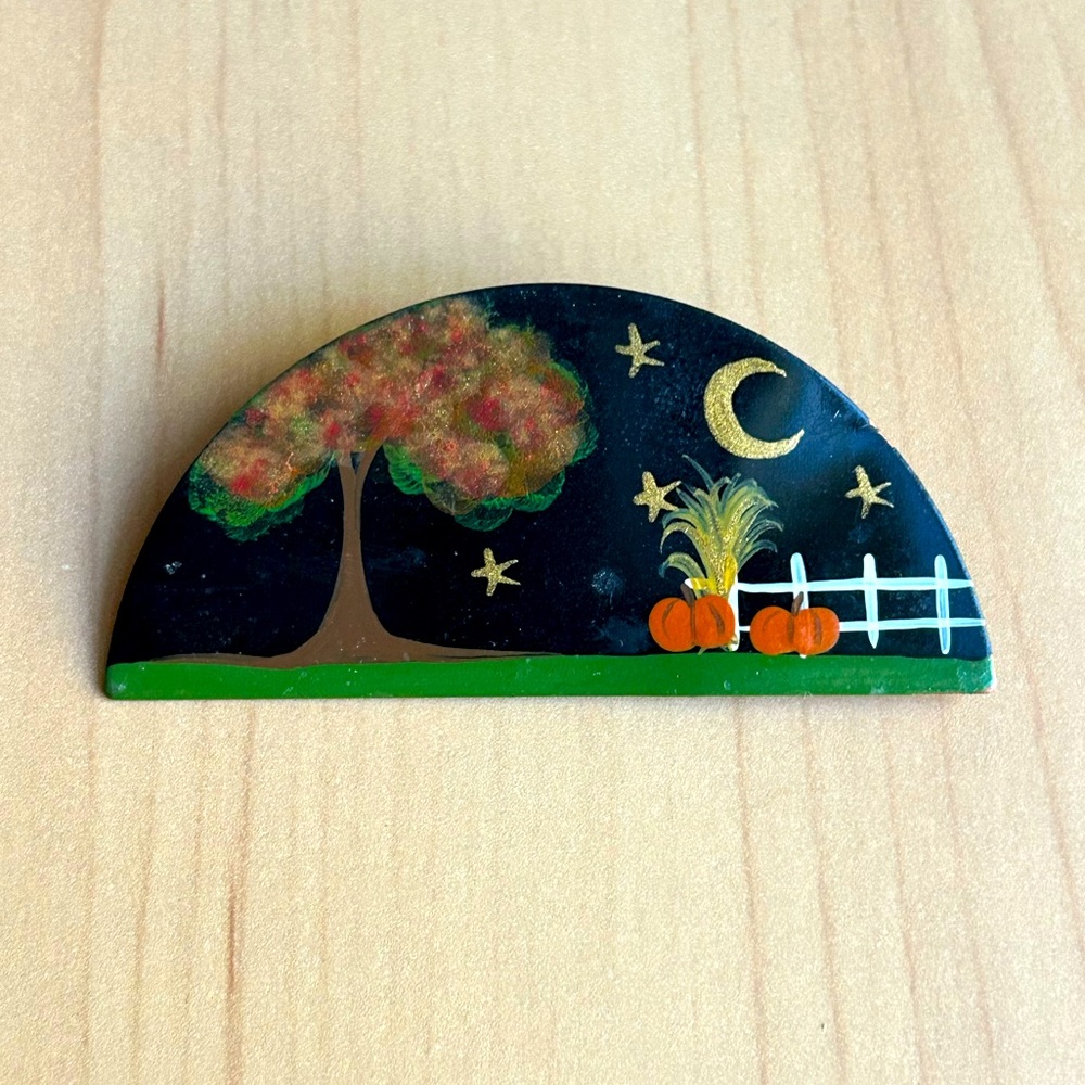 Vintage Hand Painted Enamel Copper Brooch Pin Fall Pumpkin Moon Stars, Signed